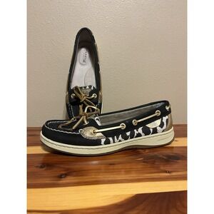 Sperry Top Sider Shoes Womens 6.5  M Angelfish Boat Black Leather Gold Sequin